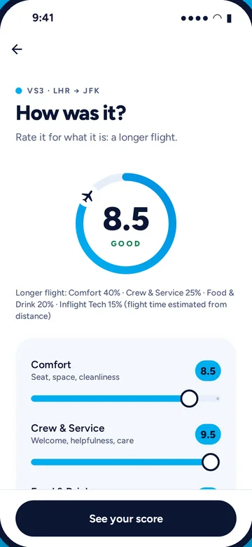 The Fllike score screen for flight VS3, London Heathrow to New York JFK: an 8.5 Good score dial above the Comfort and Crew & Service sliders.