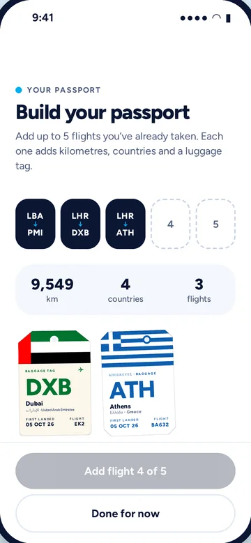 Build your passport: three past flights added, with 9,549 km, 4 countries and 3 flights so far, and the Dubai and Athens tags earned.