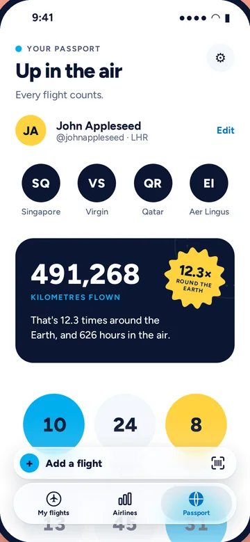 The Passport tab: 491,268 kilometres flown, which is 12.3 times around the Earth, with favourite airlines Singapore, Virgin, Qatar and Aer Lingus.