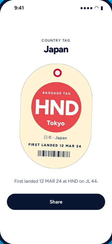 The share screen for the Japan country tag, first landed 12 March 2024 at HND on JL 44, with a Share button.