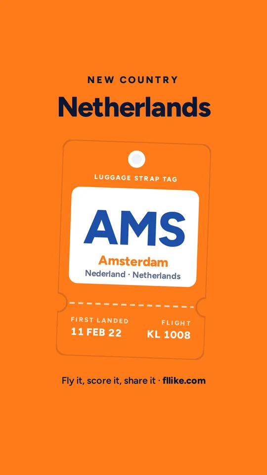 An Instagram Story reading New country: Netherlands, with the Amsterdam AMS luggage tag on orange.